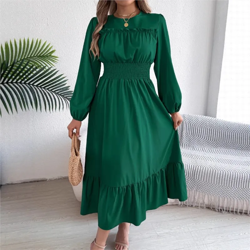 

Elegance Women's Dress Autumn Winter Loose Long Sleeve Solid Color Tuck Waist Ladies Skirt Casual Basic Office Lady Vestidos