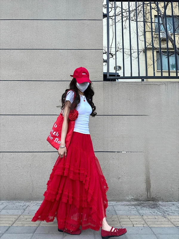 

Red Me f Skirt High Waist Cake Sle Long Skirt for plus Size Women Summer New Vintage Korean Sle Asymmetric Design