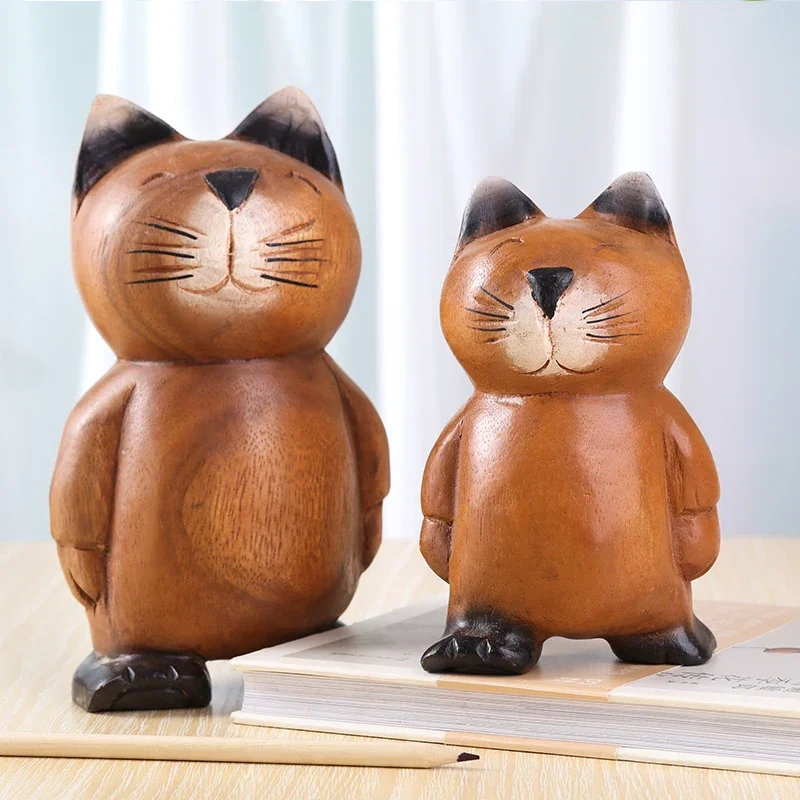 

Thai Wood Carved Cat, Household Ornament,Desktop Decoration,Gift for Friend or Bestie,Unique Decor, High End Atmosphere