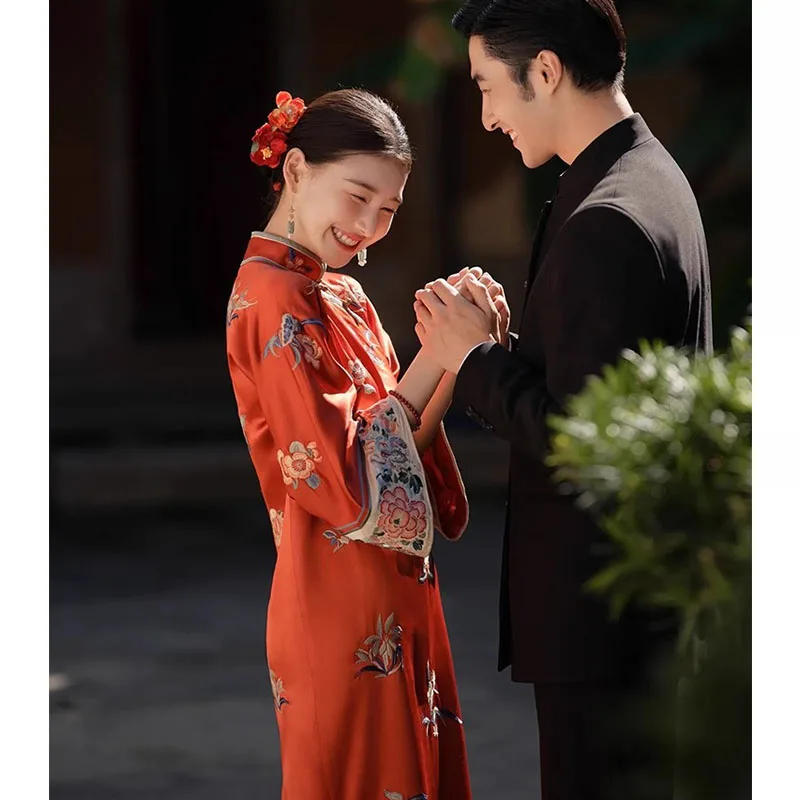 

Red Wedding Dr for Women High Waist A-Line Skirt Long Sve Traditional Chinese Sle Morning Robe for Bride on Wedding Day