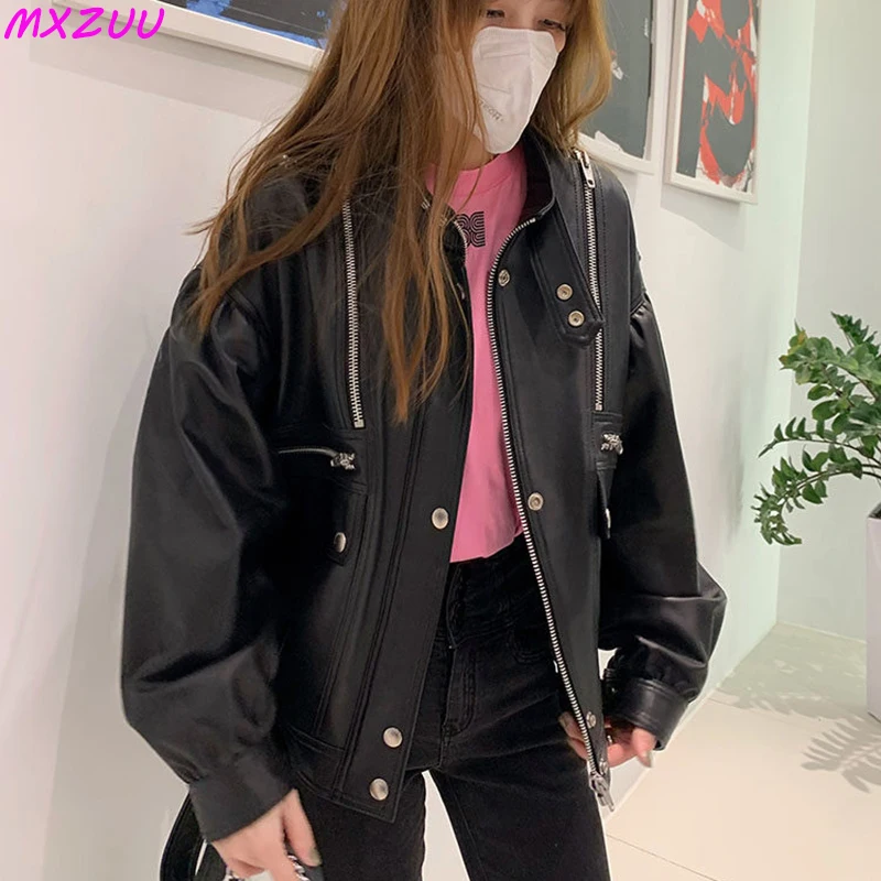 Women Short Trendy Baseball Uniform Chaqueta Piel Mujer Genuine Sheepskin Punk Locomotive Loose Manteau Pocket Metal Zipper Tops