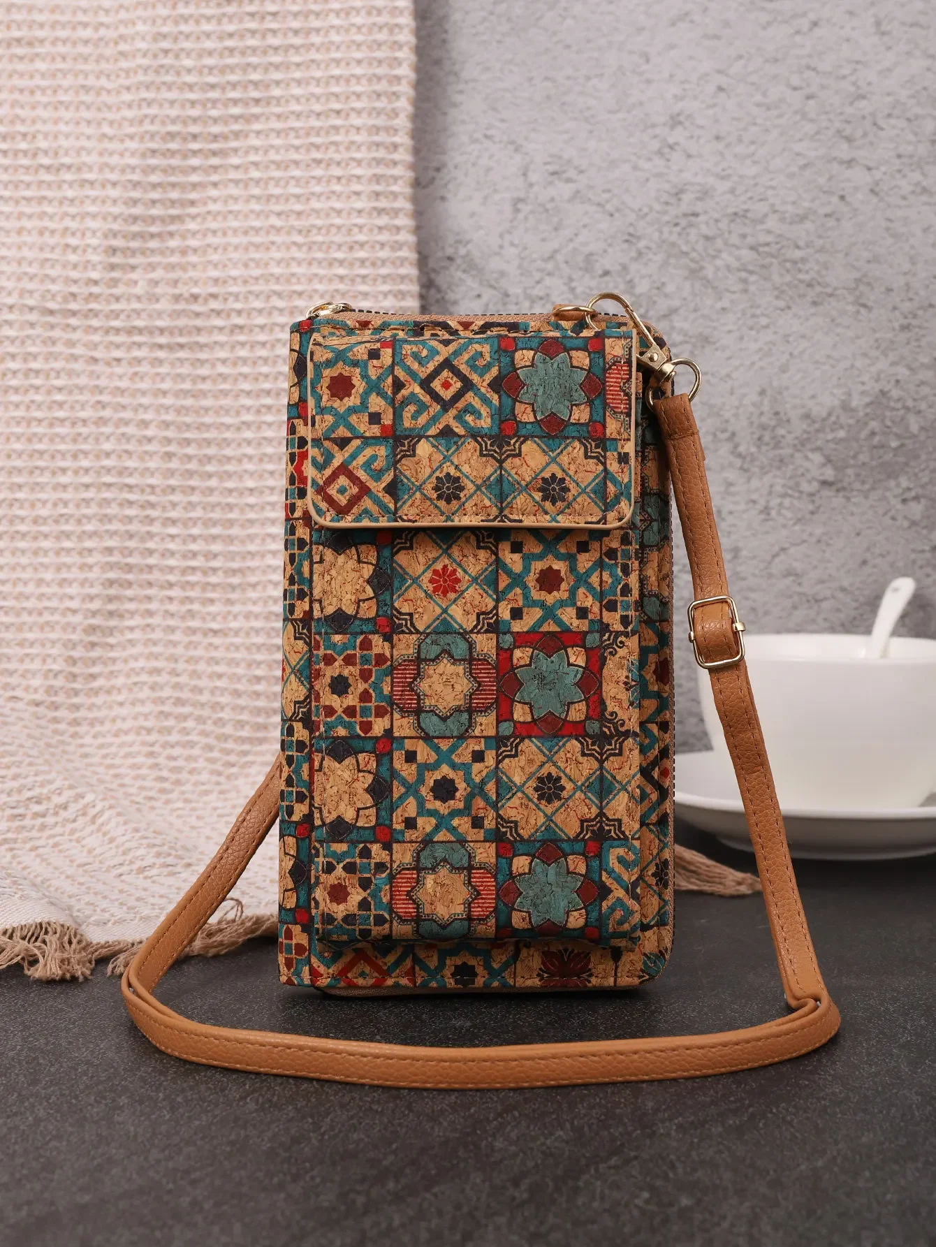 Multifunctional Large Capacity Wood Grain Mobile Phone Bag Versatile Coin Purse New Fashionable Retro Bohemian Style Wallet