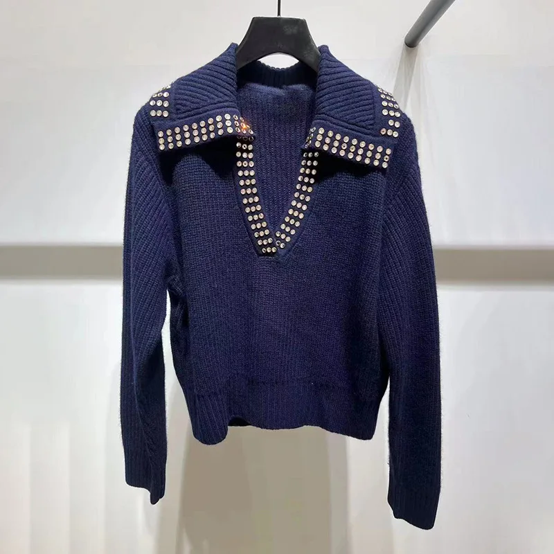 

Sweater for Women 2024 New Autumn Winter Diamond Design Crochet Hollow Out Sailor collar Loose Casual Pullover