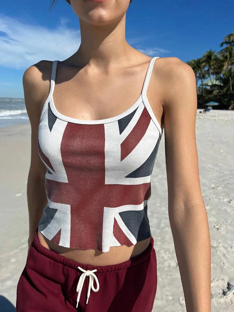 Women Spaghetti Strap Union Jack Cami Top Sleeveless U Neck Low Cut Basic Fitted Crop Tank Top British Flag Print Camisole Vest