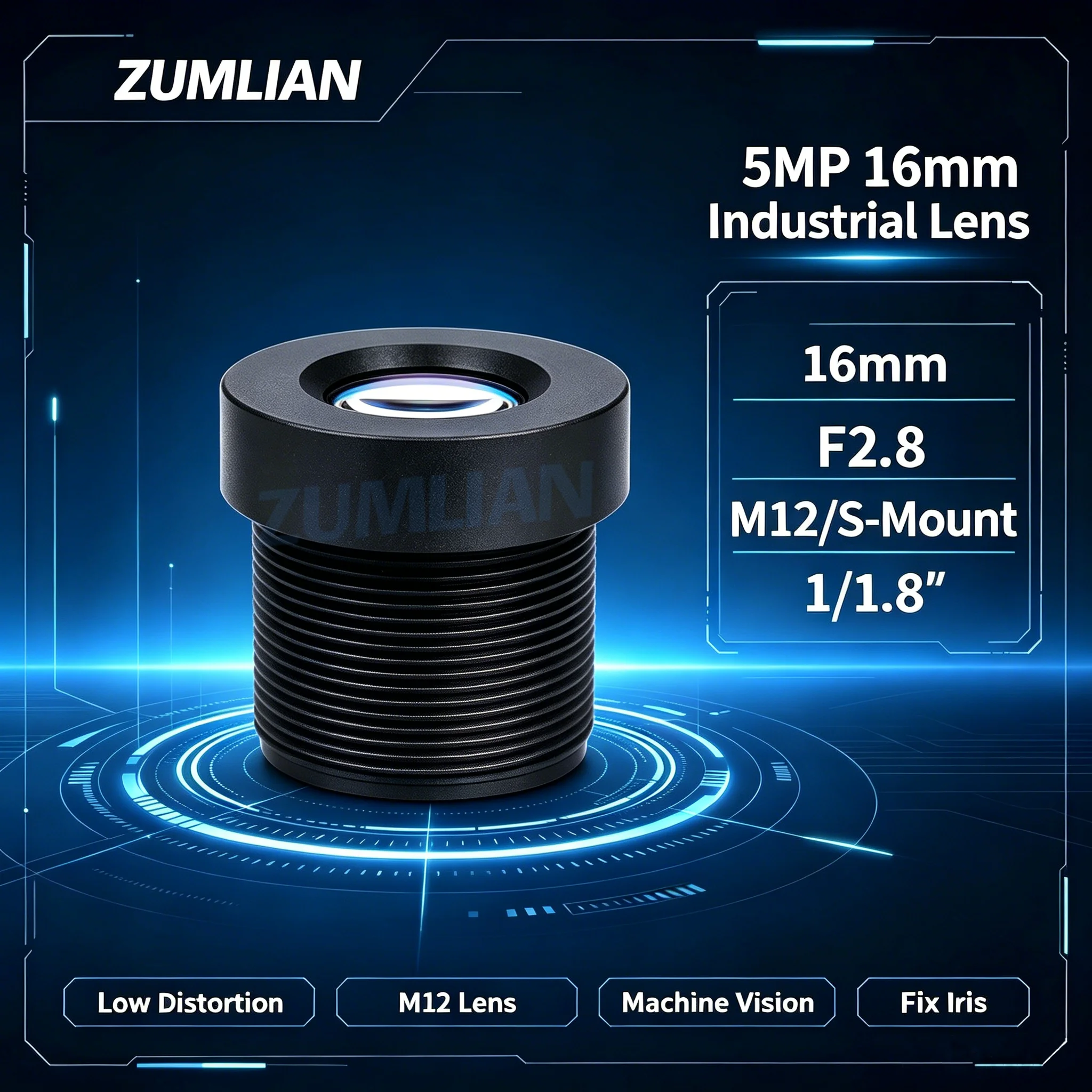 ZUMLIAN 16mm Lens Industrial Cameras M12/S-Mount Lens CCTV 1/1.8'' Machine Vision F2.8 Machine Vision 5MP Cameras Lenses