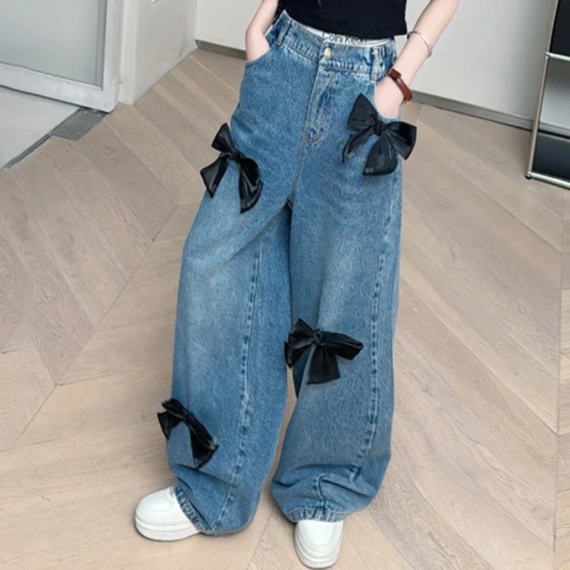 

Girls Jeans 2025 Spring School Teenage Children Blue Wide Leg Pants Retro Black Three-dimensional Bow DenimTrousers for Kids 8 Y