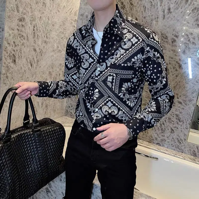 Spring Autumn New Turn-down Collar Fashion Long Sleeve Shirt Man Korean Style Printing Button Patchwork Cardigan Casual Y2K Tops