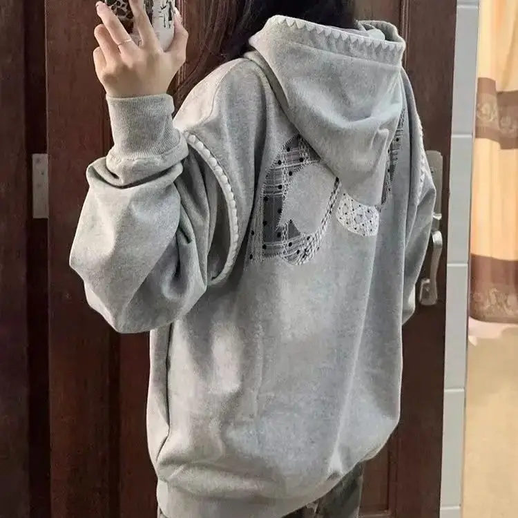 

Lace Hooded Sweatshirt Women Polka Dot Patch Embroidery Autumn Winter 2024 New Popular Korean Style Lazy Style