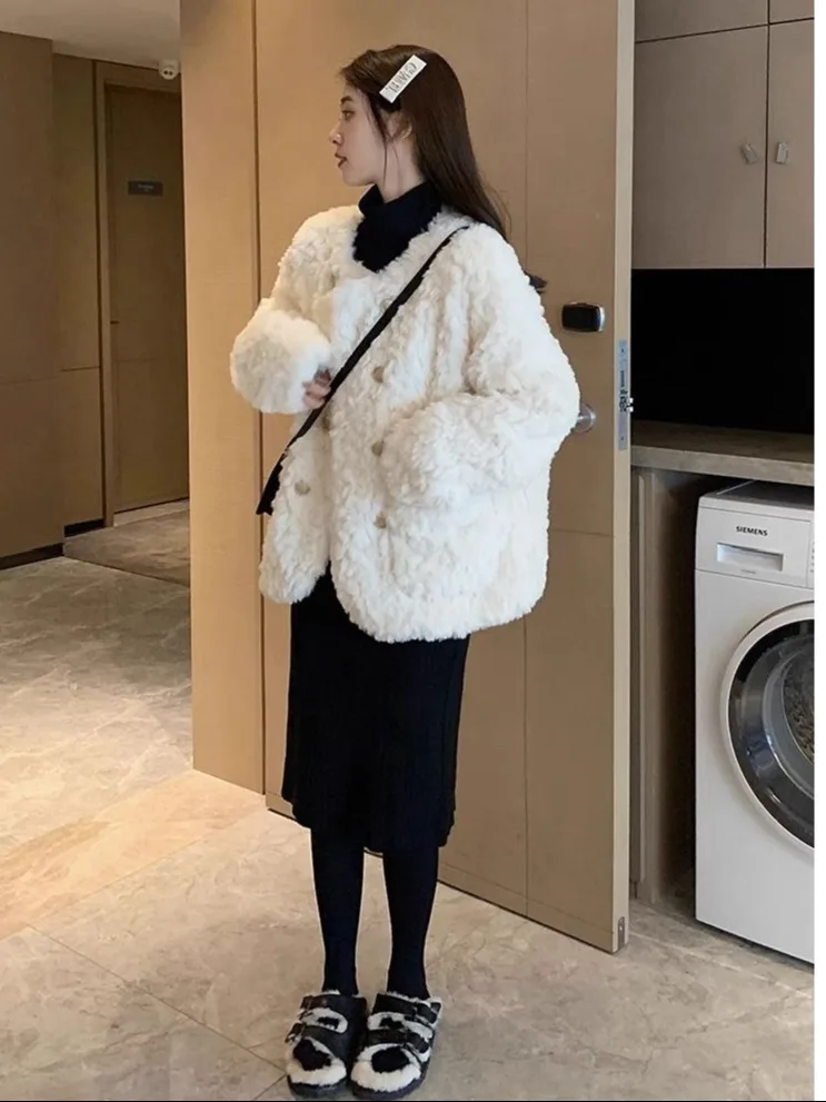 Lamb Fur Jacket Women's Winter New Fashion Small Size Loose Thick White Fluffy Cotton Clothes Sheepskin Coat Long Sleeve roun...