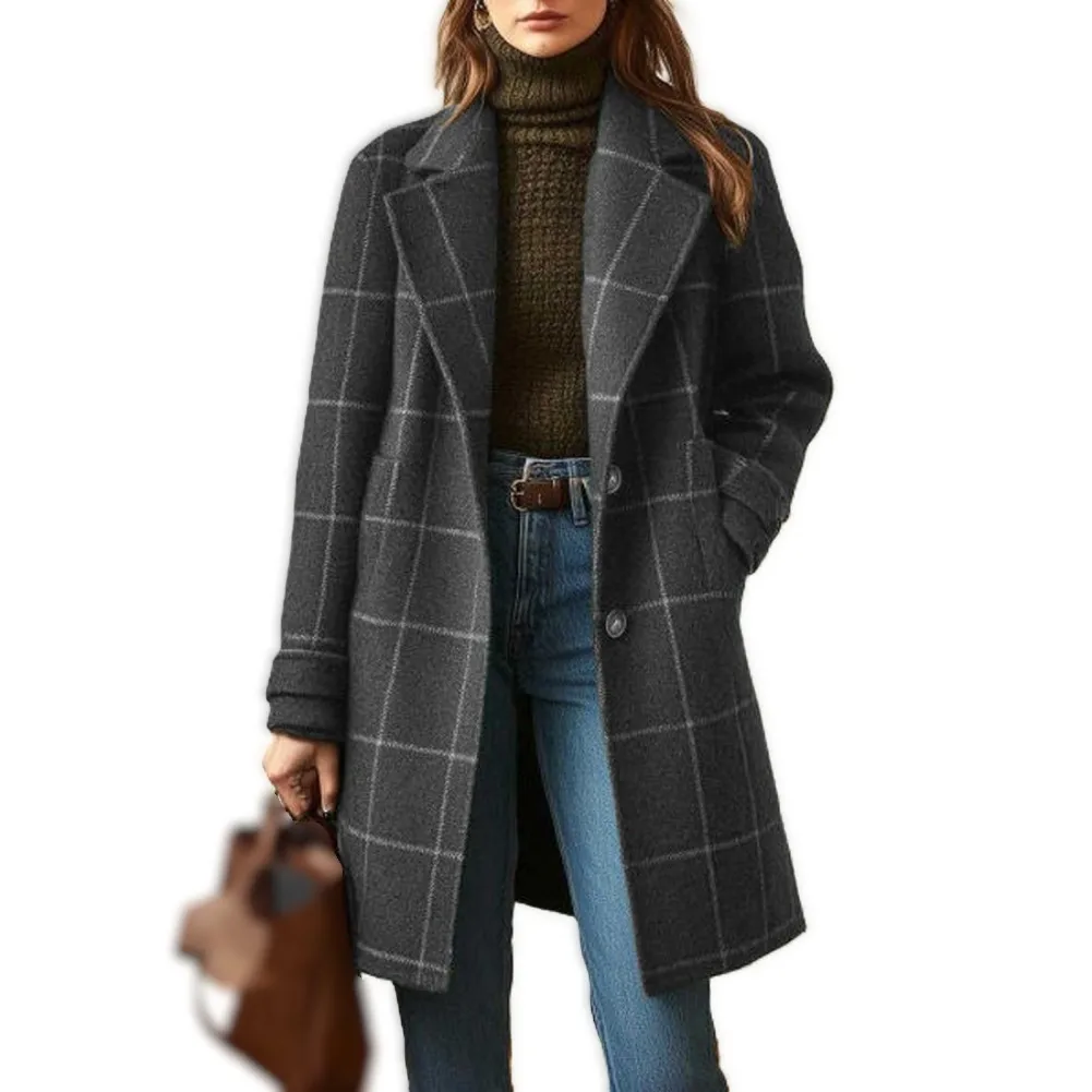 Mid-Length Womens Plaid Coat Featuring Turn-Down Collar Single-Breasted Closure and Medium Stretch Fabric for Winter