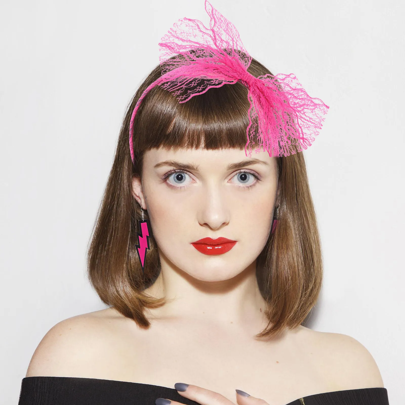 2 sets neon feestaccessoires voor vrouwen 80S kanten hoofdband oorbellen vingerloze visnethandschoenen retro vintage prom danskostuum