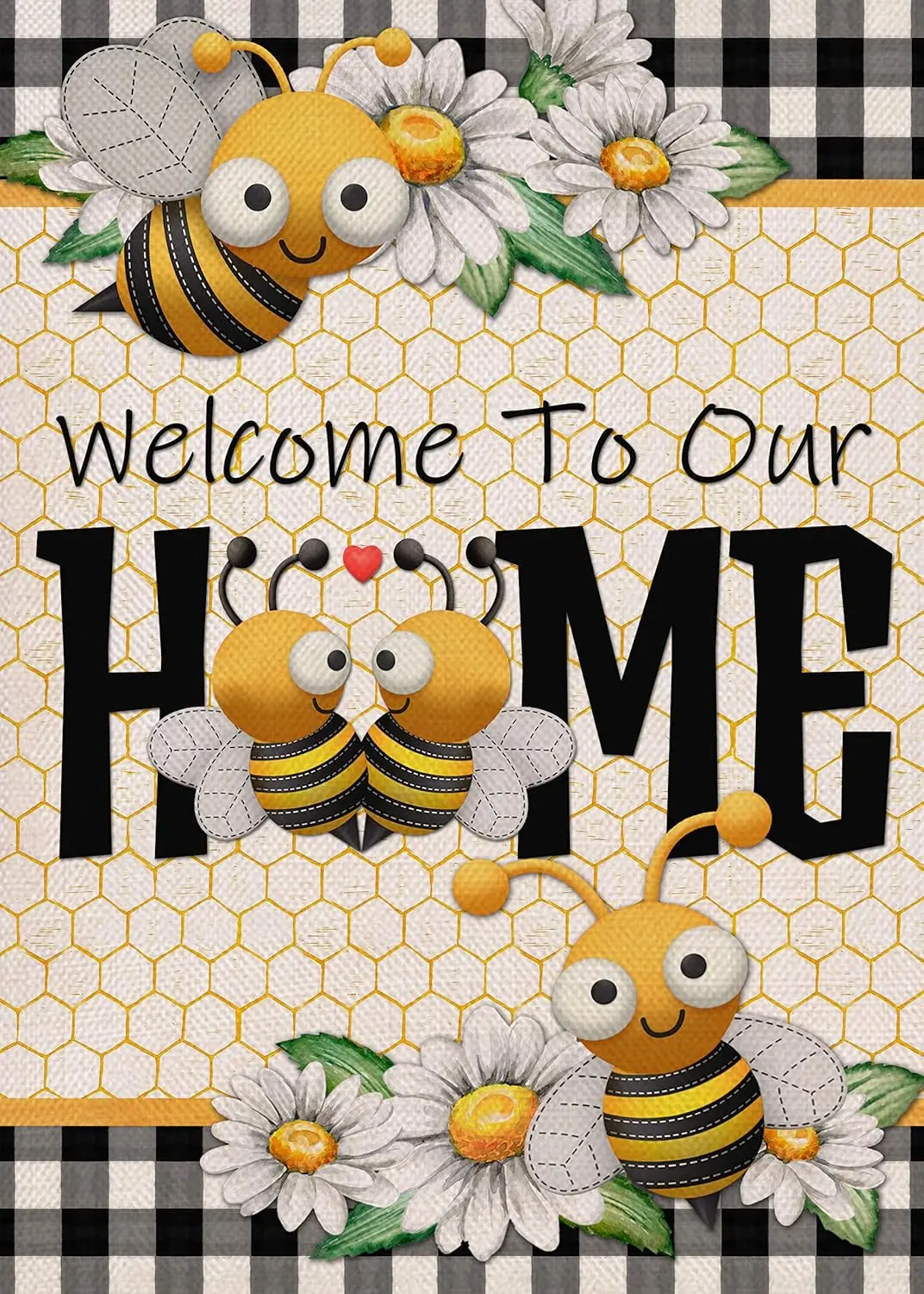 Welcome to Our Home Bumble Bee Spring Summer Decorative Garden Flag, Daisy Yard Buffalo Plaid Check Home Outside Decorations, Fl