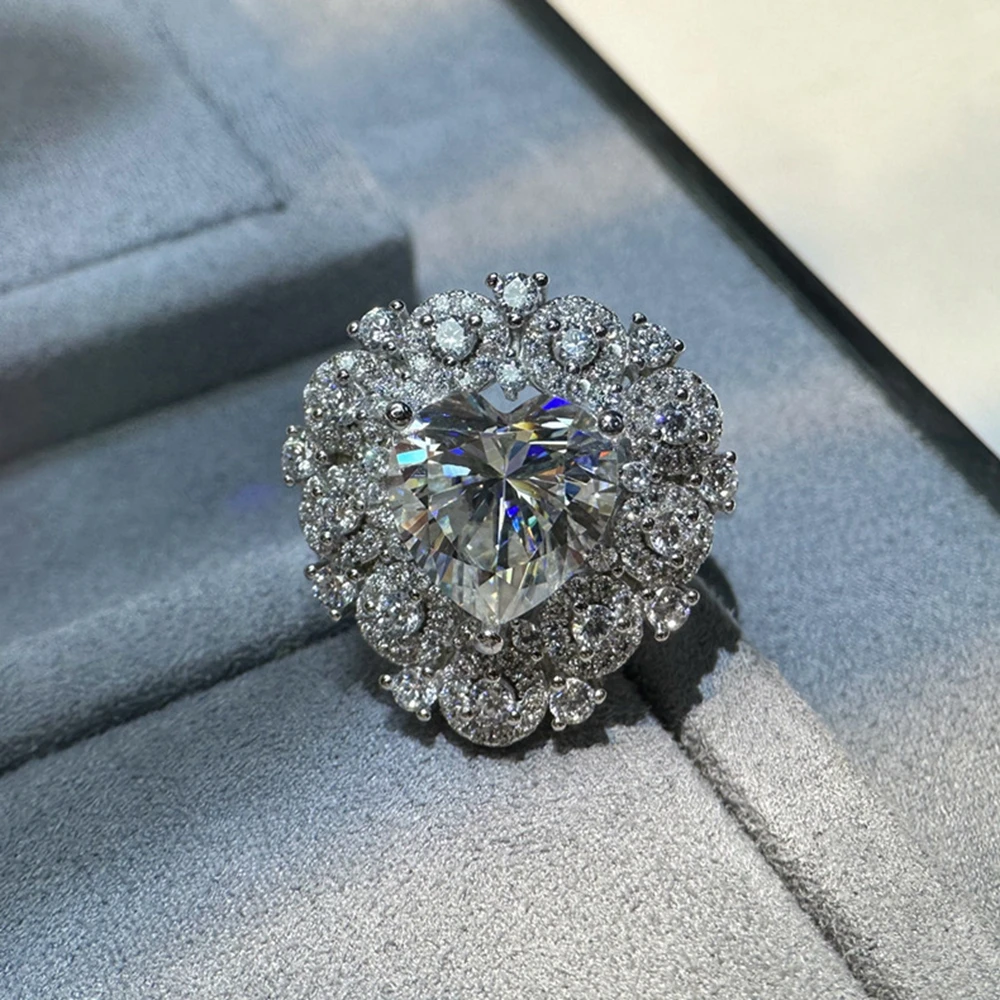 Vinregem 3EX VVS1 D Color 10*10 MM Heart Cut Real Moissanite Diamond Cocktail Party Women Ring 925 Sterling Silver Fine Jewelry