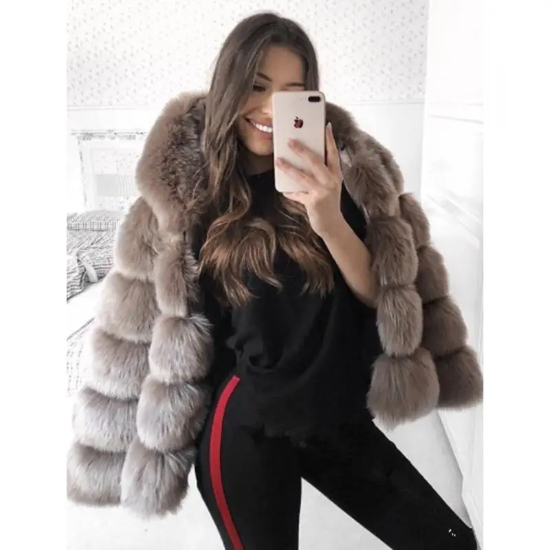 5XL Plus Size Faux Fur Coat Women Winter Hooded Thick Warm Jacket Coats Fluffy Hoodie Faux Fur Coat Outwear Elegant Overwear