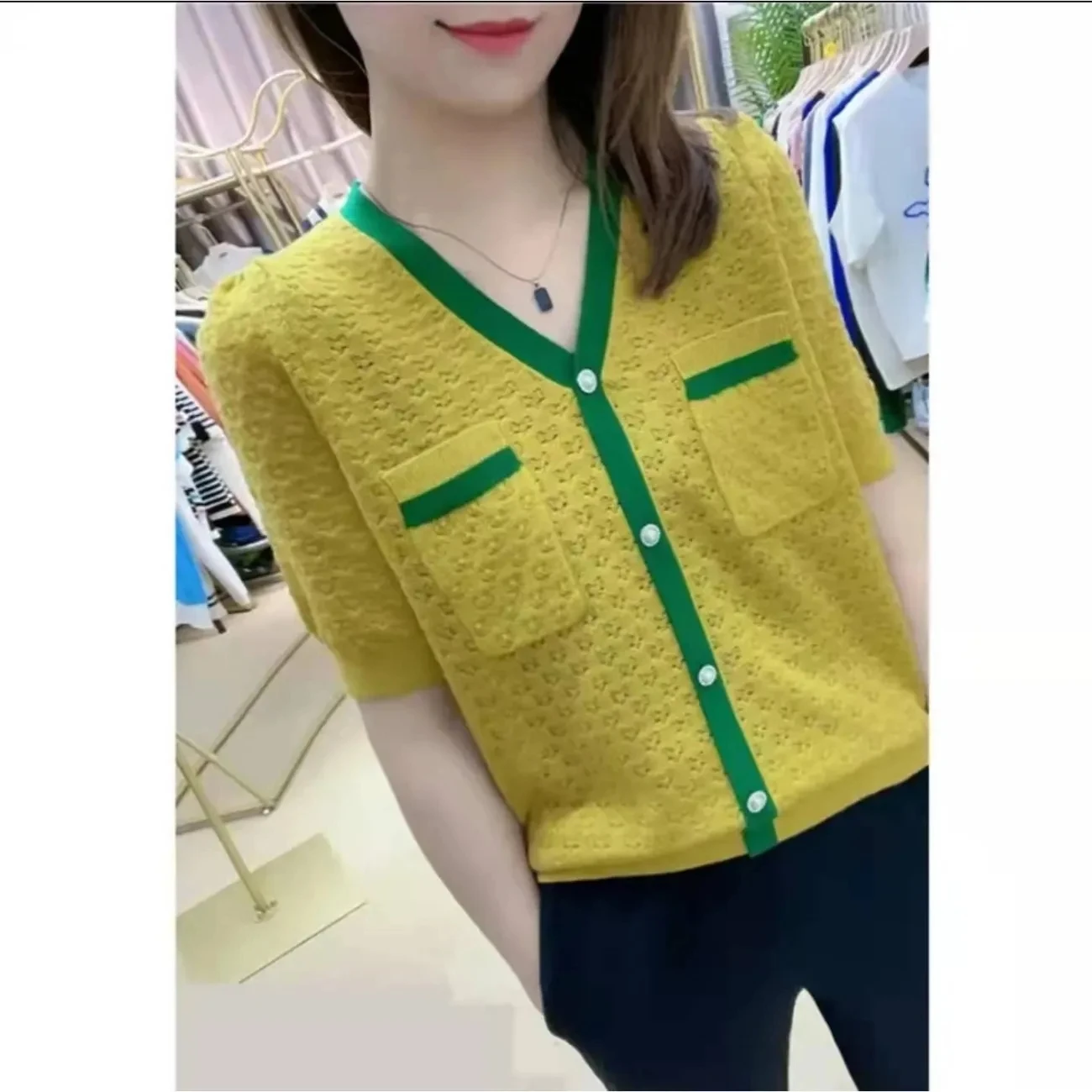 

V-Neck Color Blocking Sweater Women's Pullover Fashion Hollow Out Ice Silk Knitted Sweater Female Jumper Short Sleeved T-Shirt