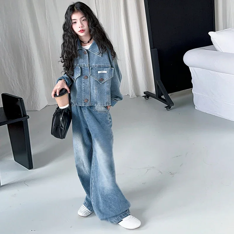 

autumn design junior kids denim clothes set Collar large pocket cowboy jacket+wide leg jeans 2pcs teen girls suit child outfits