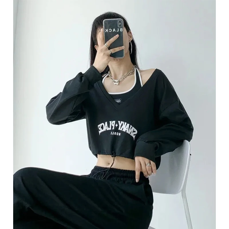 MEXZT Streetwear Crop Sweatshirts Women Harajuku Halter Camis Letter Print V Neck Pullover Y2K Two Piece Set Korean Hoodies Tops