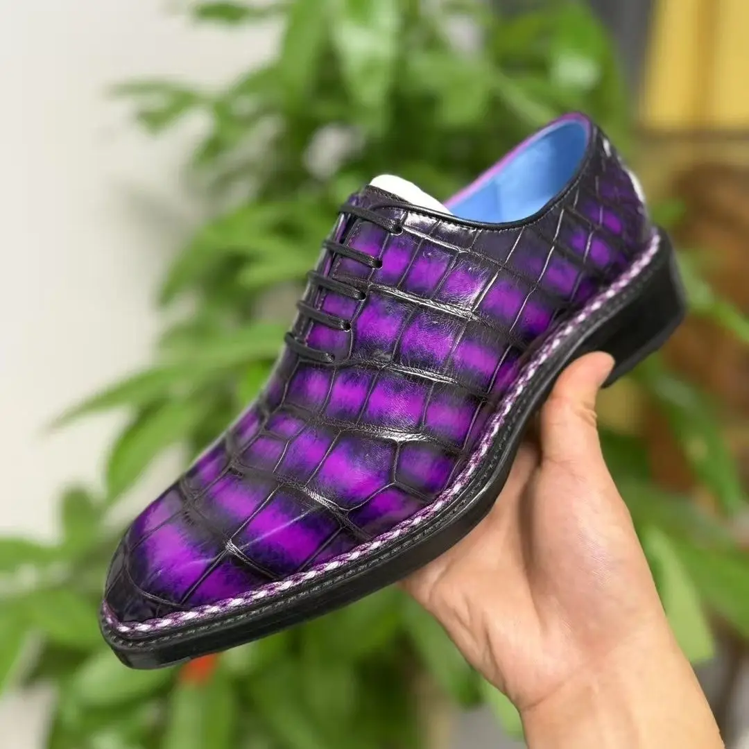 2 Colors Nilo Crocodile Skin Men's Business Shoe  Genuine Real Goodyear Sole of Handmade Cowskin Version Purple Blue Red