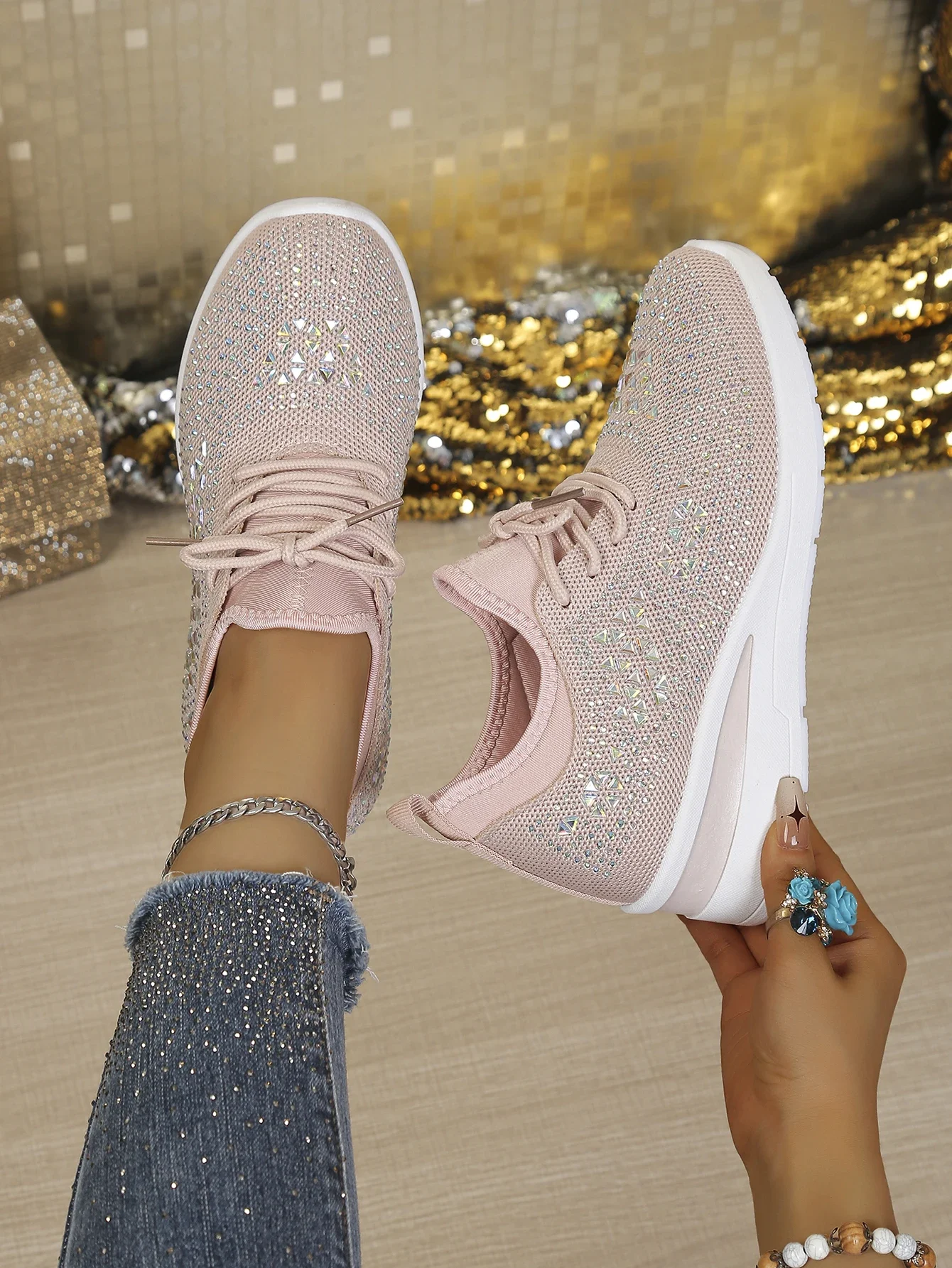 Damen Casual Walking Sneakers Atmungsaktives Mesh Geometrische Strass Versteckte Höhe Keilabsatz Plateau-Schuhe Kostenloser Versand Schuhe – Detail 16