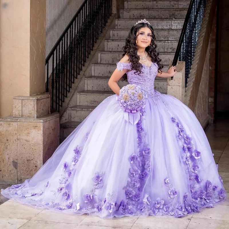 Vestido De quinceañera lila con flores en 3D, vestido De baile con hombros descubiertos, apliques De encaje, corsé, 15 Años