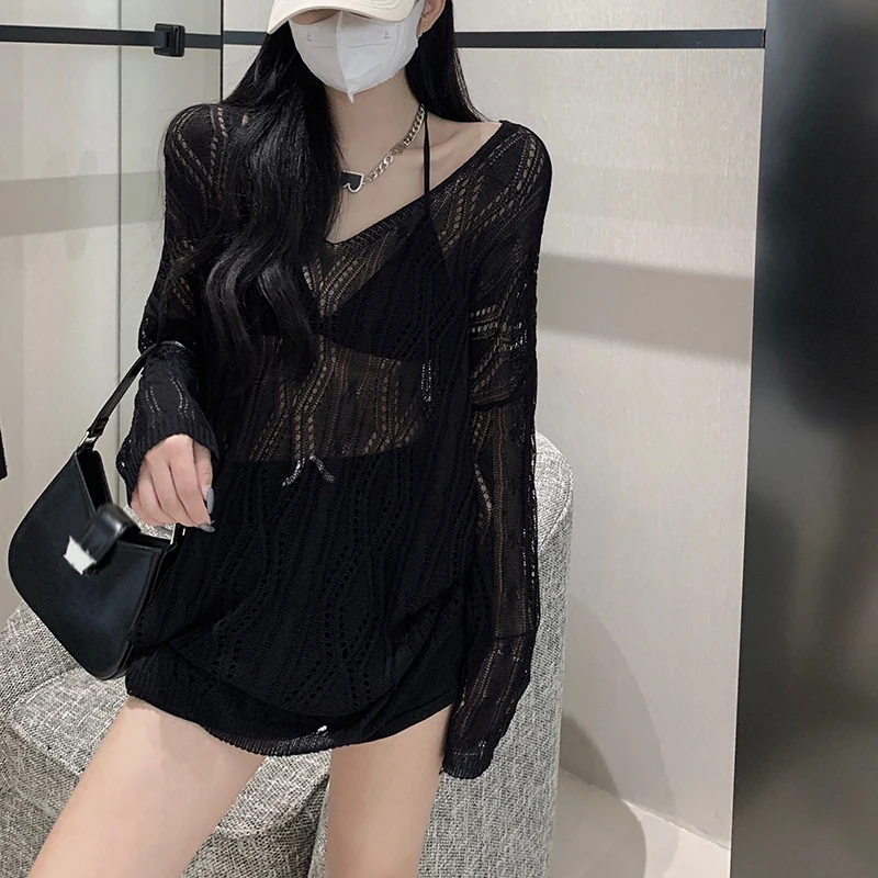 Gidyq Summer Sexy Hollow Out Knit Blouse Women Korean Fashion Lace Up Loose Sun Protection Shirts Casual Streetwear Female Tops