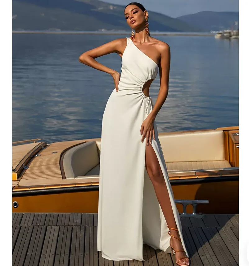 Summer style white single-shoulder openwork strap split dress with elegant slimming fit