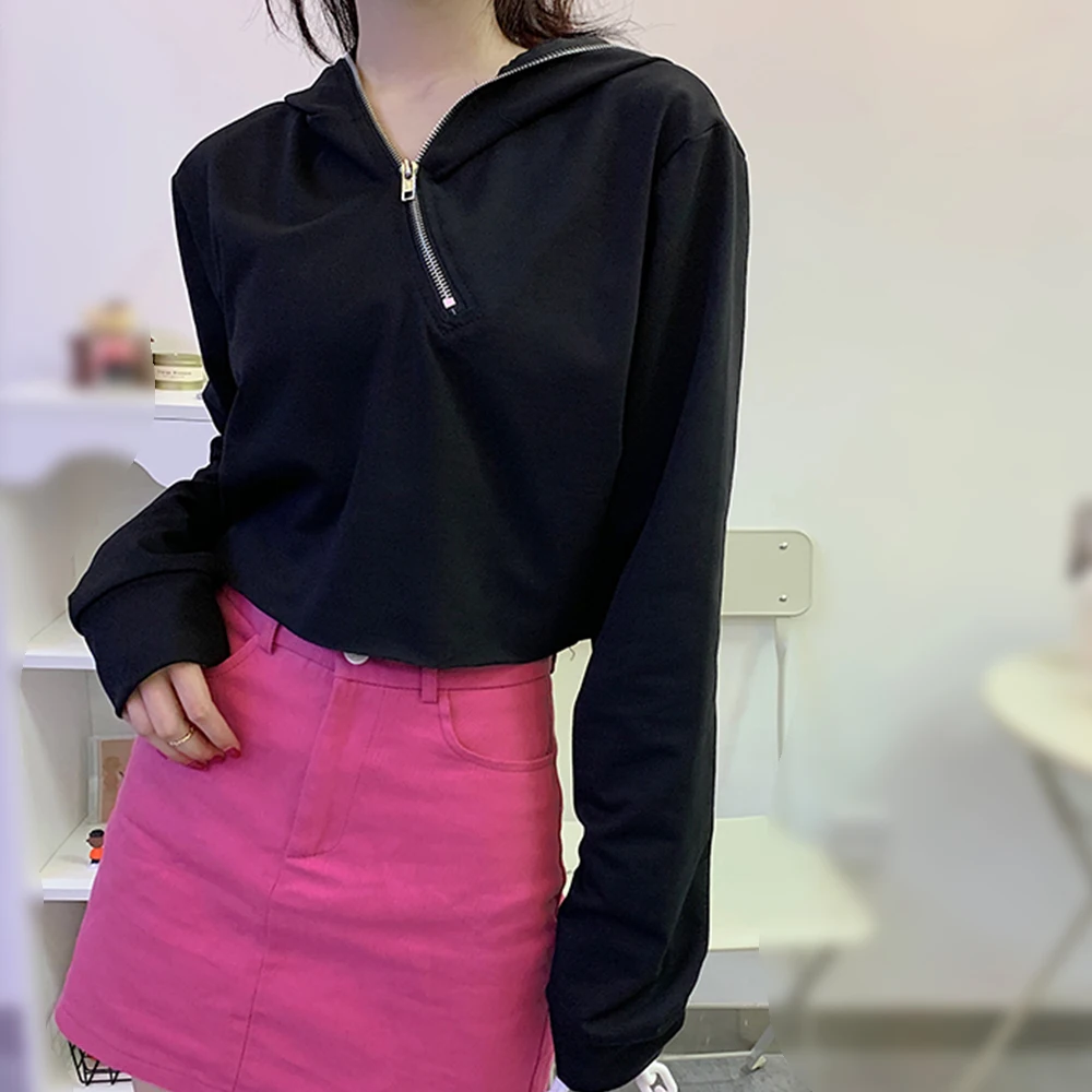 

Oblique Zipper Short Open Navel Sweater Women's Solid Color Versatile Thin Hooded Pullover Top