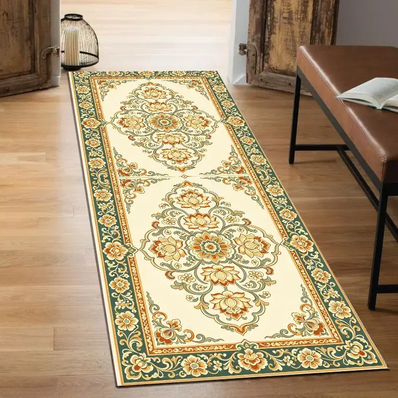 VIKAMA Affordable Luxury Blue and Gold Persian Rectangular Hallway Rug, Non-Slip Bedroom Rug, Decorative Kitchen Aisle Rug