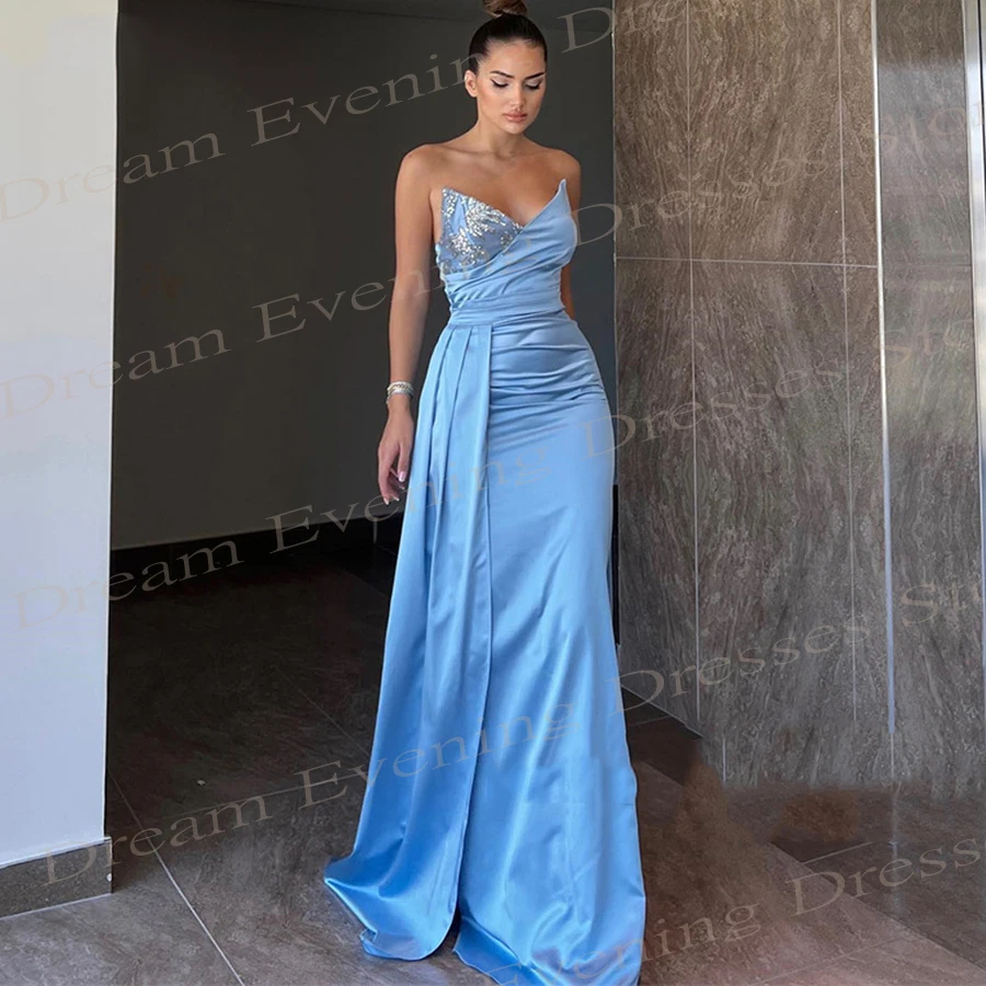 2024 Sierlijke Populaire Blauwe Vrouwen Zeemeermin Eenvoudige Avondjurken Sexy Strapless Mouwloze Prom Jurken Geplooid Vestido De Festa