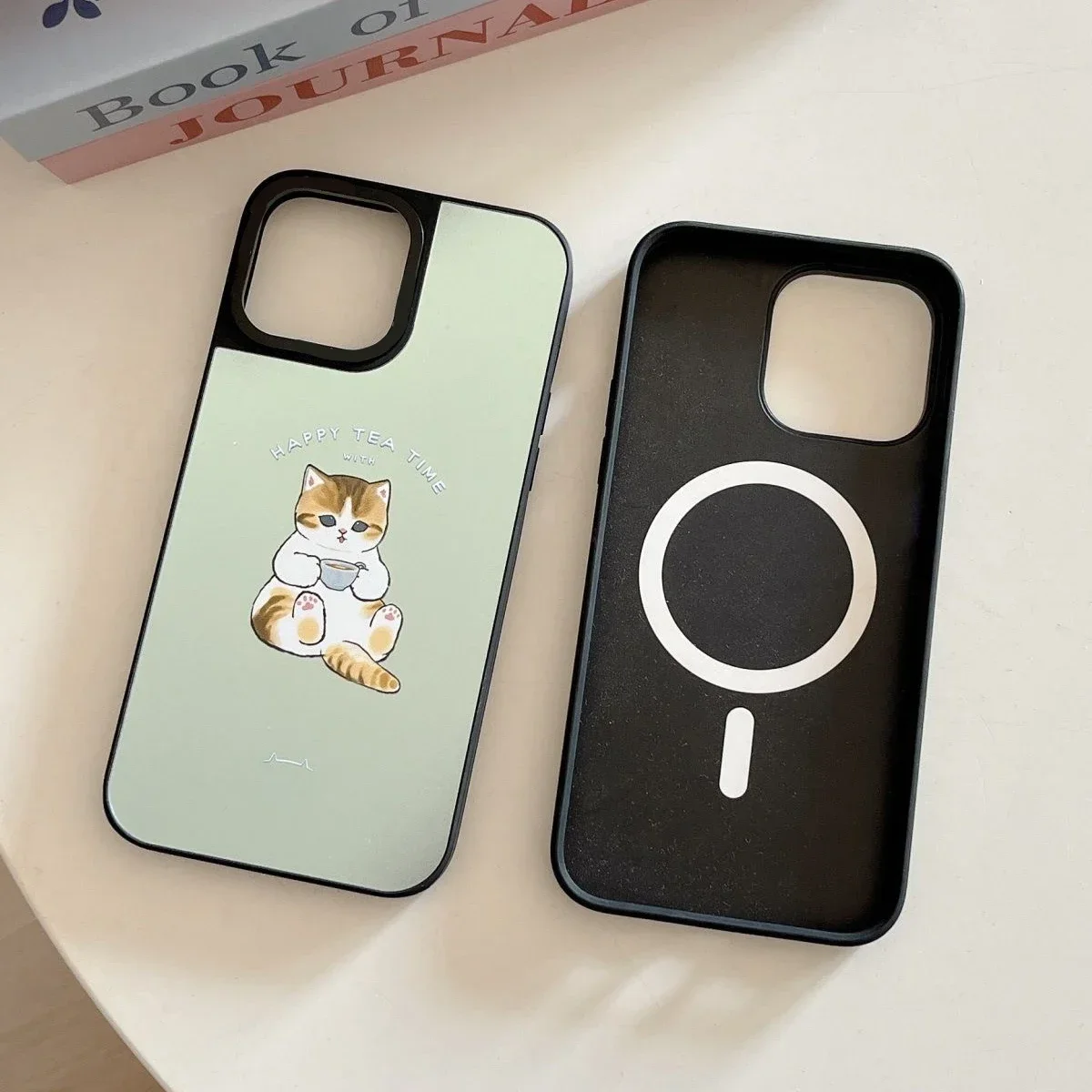 Creative Dessert Cat Mirror Black Border Magnetic Phone Case Cover for IPhone 11 12 13 14 15 16 Pro Max Case