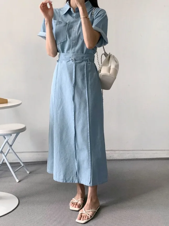 

Korean Sle Denim Set Women's Hong Kong Retro Turn-down Collar ort Sve Open Cardigan Top High Waist Slimming Skirt...