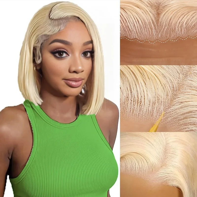 ブロンドボブウィッグ人毛613レースフロントウィッグ人毛200%密度13x4 HDレースフロントウィッグ生え際ベビーヘア付き