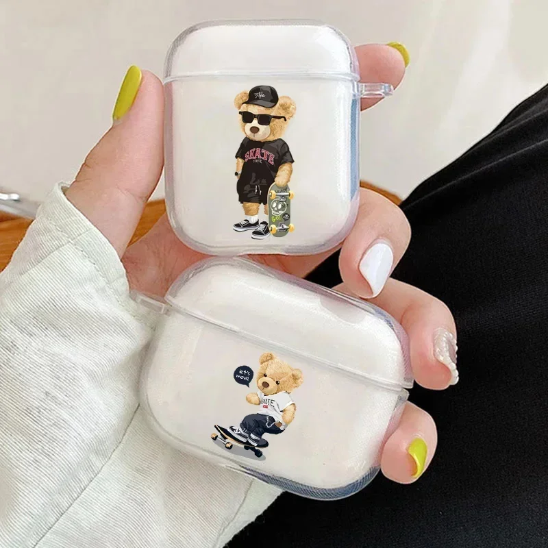 Teddy Bear Earphone Case For Apple AirPods 4 3 2 1 Clear Protective Funny Cartoon Animal Transparent Cover For AirPods Pro2 Case