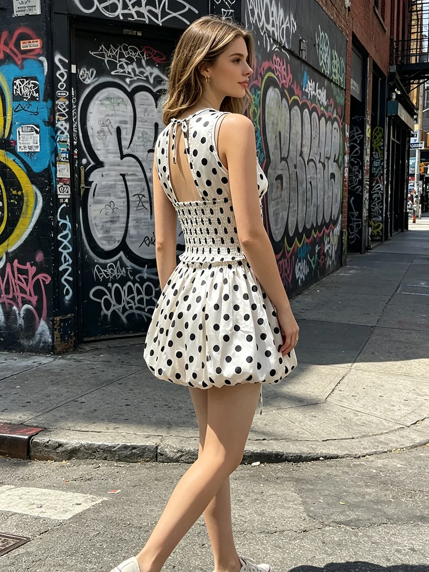 Trendy 2000s Aesthetics Polka Dot Satin Co Ord Sets Gothic Sleeveless Smocked Waist Back Cut Tie Drawstring Bubble Shorts Suits