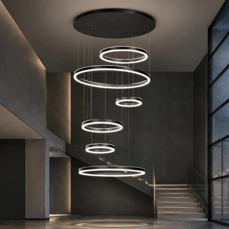 Modern Aluminum Ring Multi Layer Sculptural Hanging Pendant For High Ceiling Living Room Villa Staircase Art Deco Chandelier