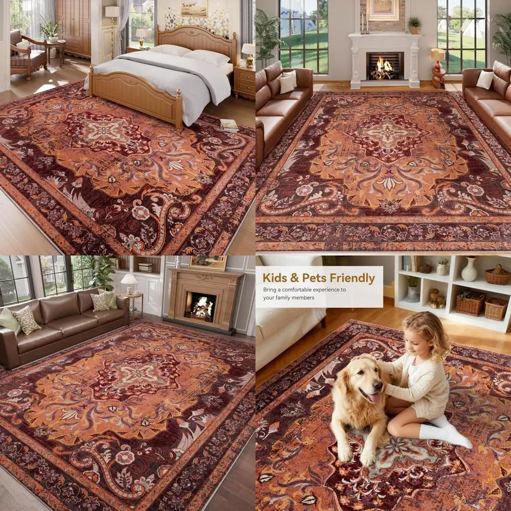 

6x9 Washable Area Rugs with Boho Vintage Medallion Print for Living Room, Non-Slip Carpet for Bedroom, Dining Room, Farmhouse, a