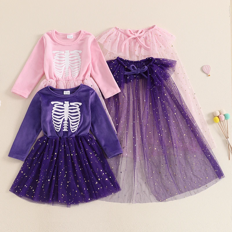 Bambine Halloween velluto Puffy Mesh Dress scialle scheletro stampa paillettes maglia girocollo manica lunga abiti da principessa