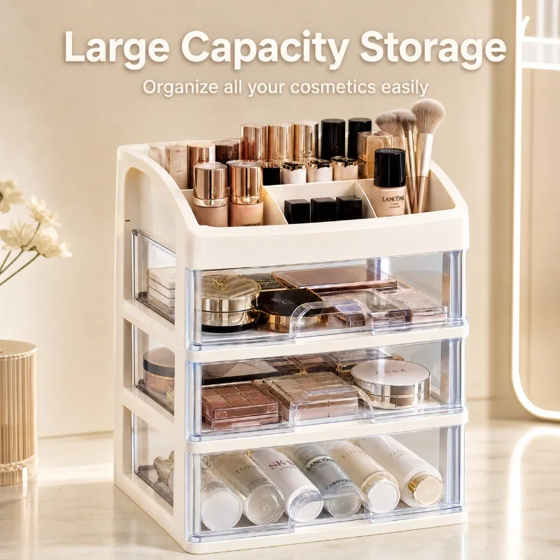 Organisateur de cosmétiques de bureau à 4 niveaux, boîte de rangement de maquillage transparente à tiroirs, présentoir en plastique pour fournitures de bureau et articles de toilette