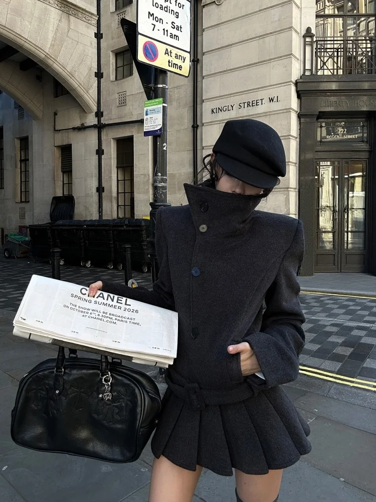 

Korean Style Women's Grey High Collar Thickened Short Woolen Coat Winter Fashion Set with Pleated Skirt Slim Fit Coat