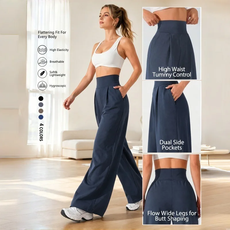 Draped Loose High Rise Wide Straight Leg Yoga Trousers For Women Jogging Street Fitness Daily Slim Casual Wide Leg Sports Pants