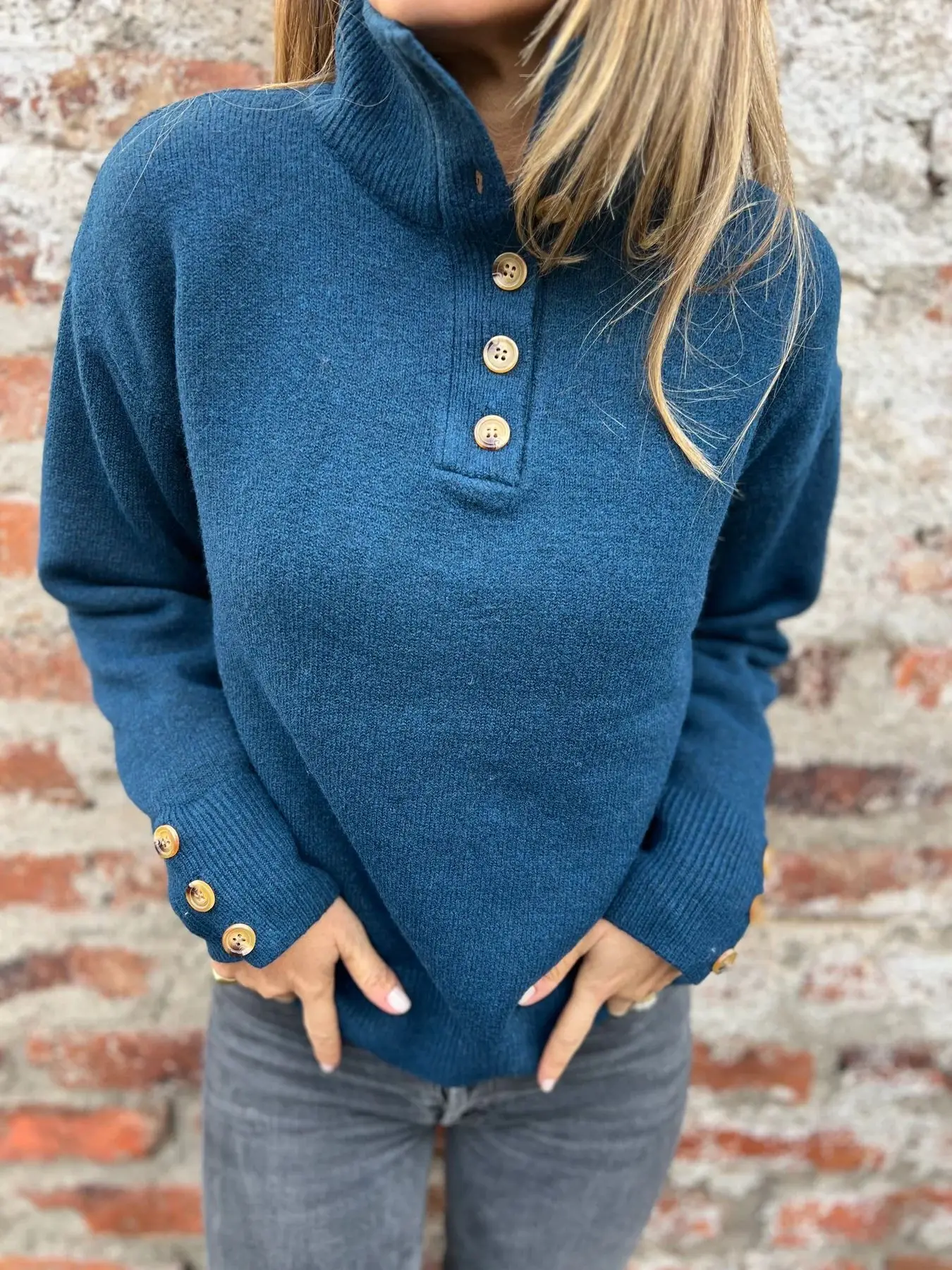 

Casual Knitted Pullover For Women Loose Commuter Stand Collar Button Long Sleeve Solid Color Sweater Autumn Winter Fashion New