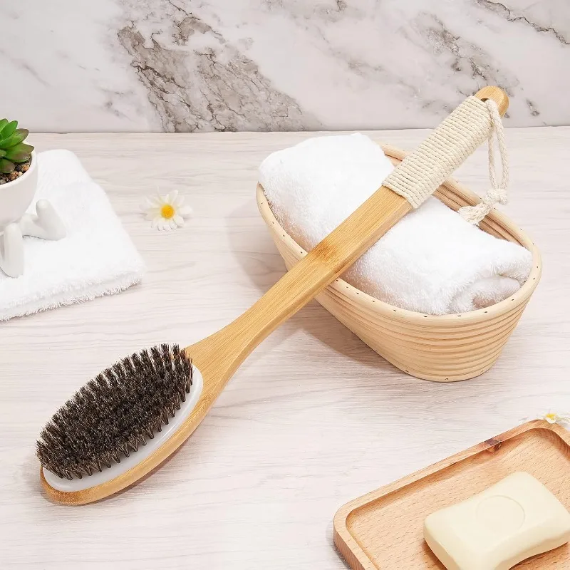 Natural Bristles Bamboo Shower Brush with Curved Long Handle, Detachable,  for bath, cleaning brush, massage, rub, back brush
