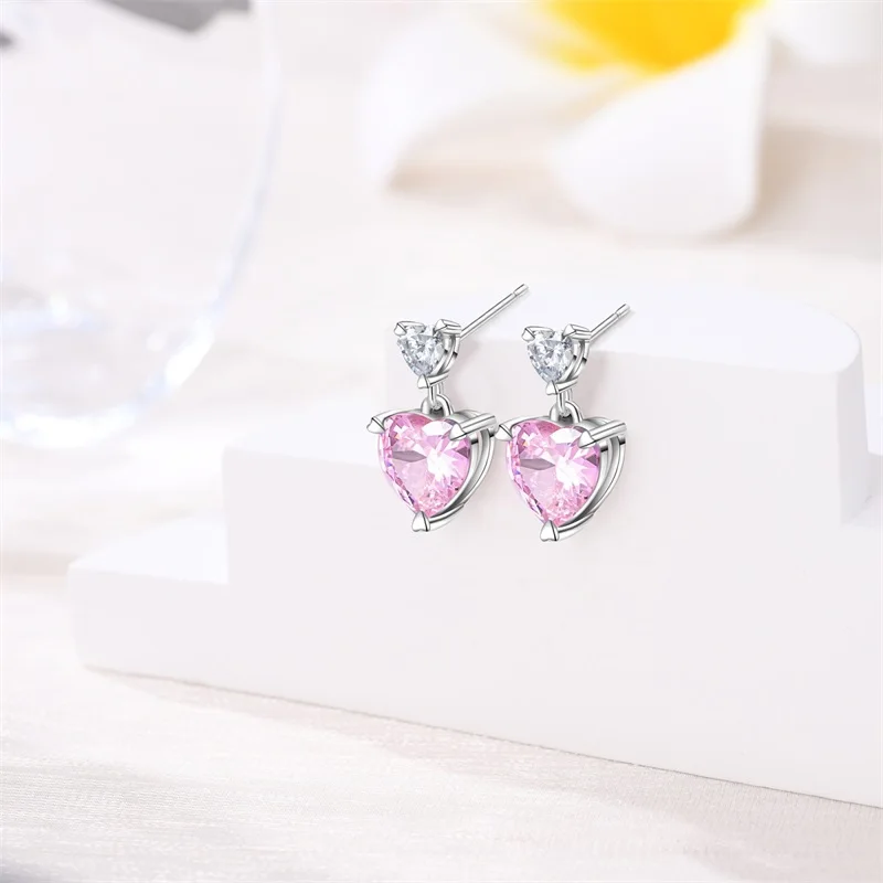 

New 925 Sterling Silver Sparkling Pink Heart Shape Women Earrings Brilliant Wedding Engagement Star Earrings Jewelry Gift