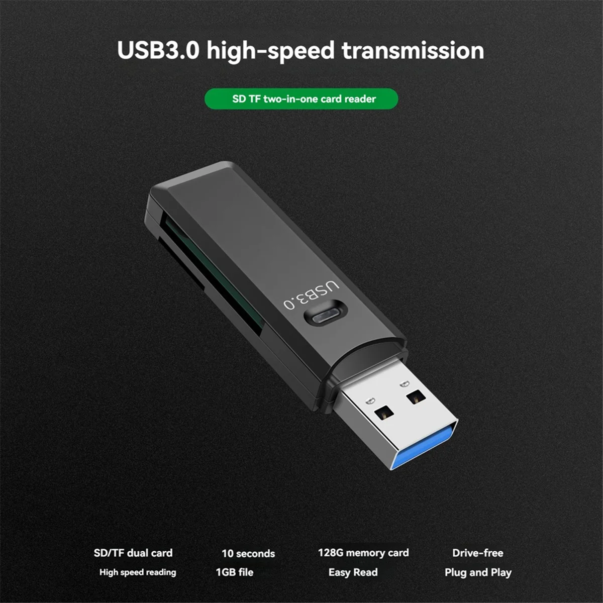 2 in 1 USB 3.0 Card Reader TF/SD Card Reader High Speed Data Transmission Smart Cardreader for PC Laptop Black