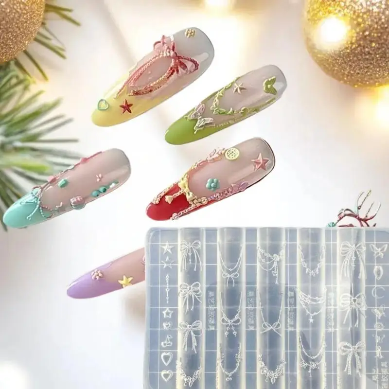 Stwórz piękne zdobienia paznokci z silikonową formą 3D w kształcie drakonitki - wzory z łańcuszkami w kształcie gwiazd, kwiatami i kokardkami.