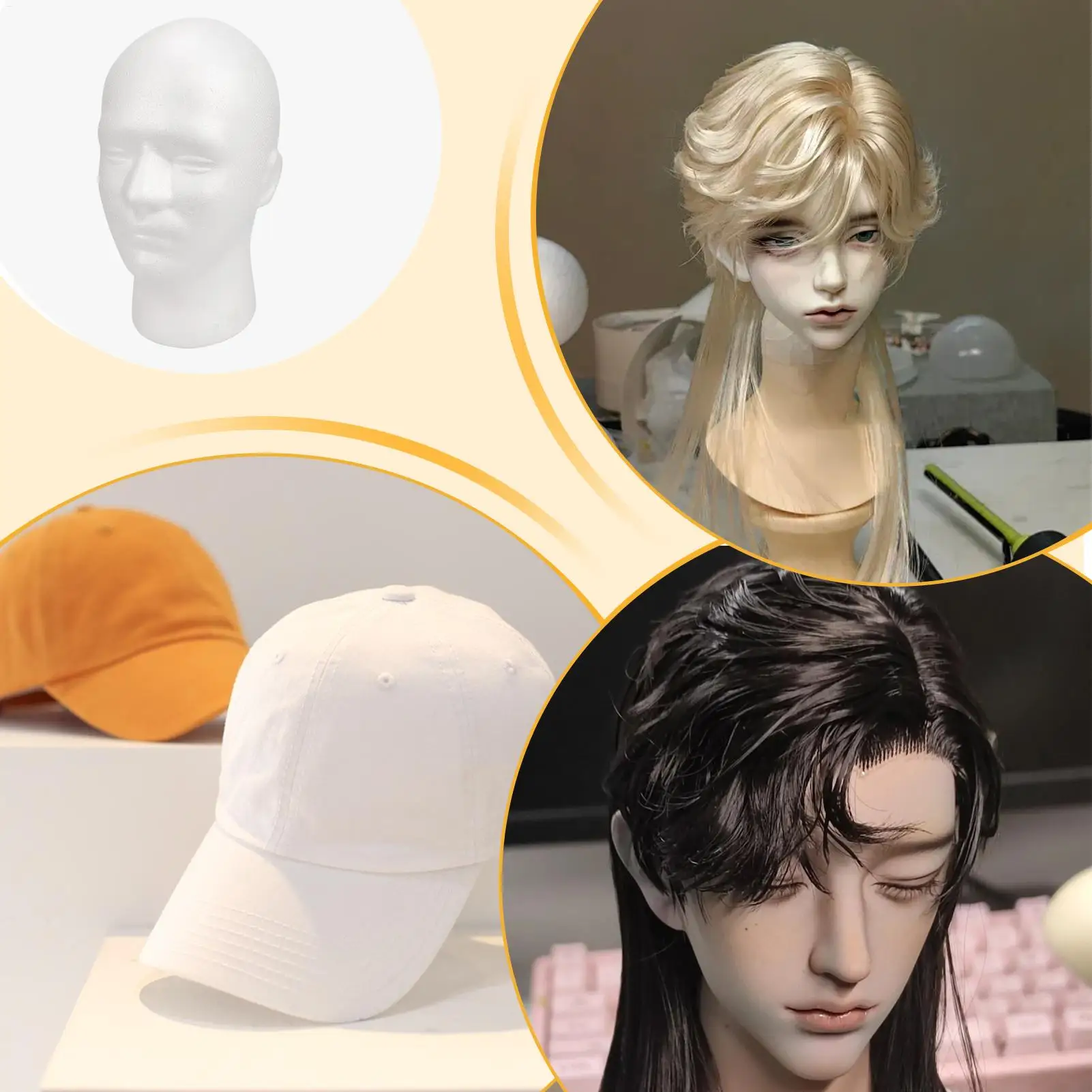 Man Foam Hair Head Model Wig Mannequin Head Stand Rack Glasses Cap Display for Toupee Headwear Headphone White view 4