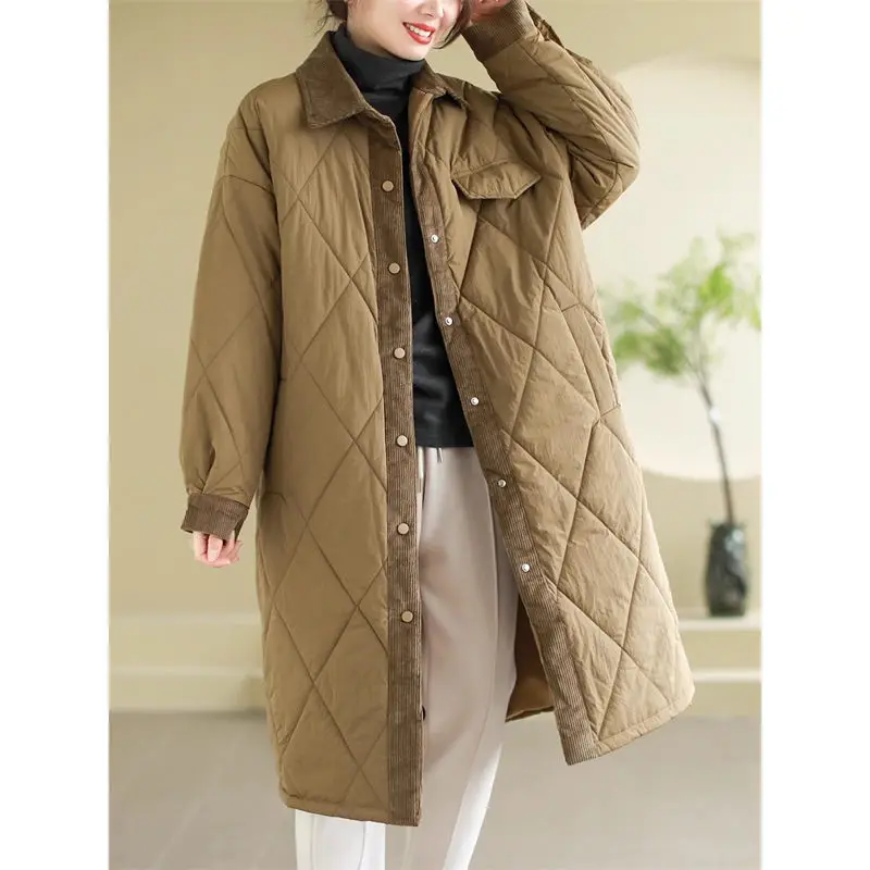 Winter Retro Artistic Long Women's Cotton Jacket With Corduroy Splicing Tthick Quilted Coat Single Breasted Parkas Outwear Z4393