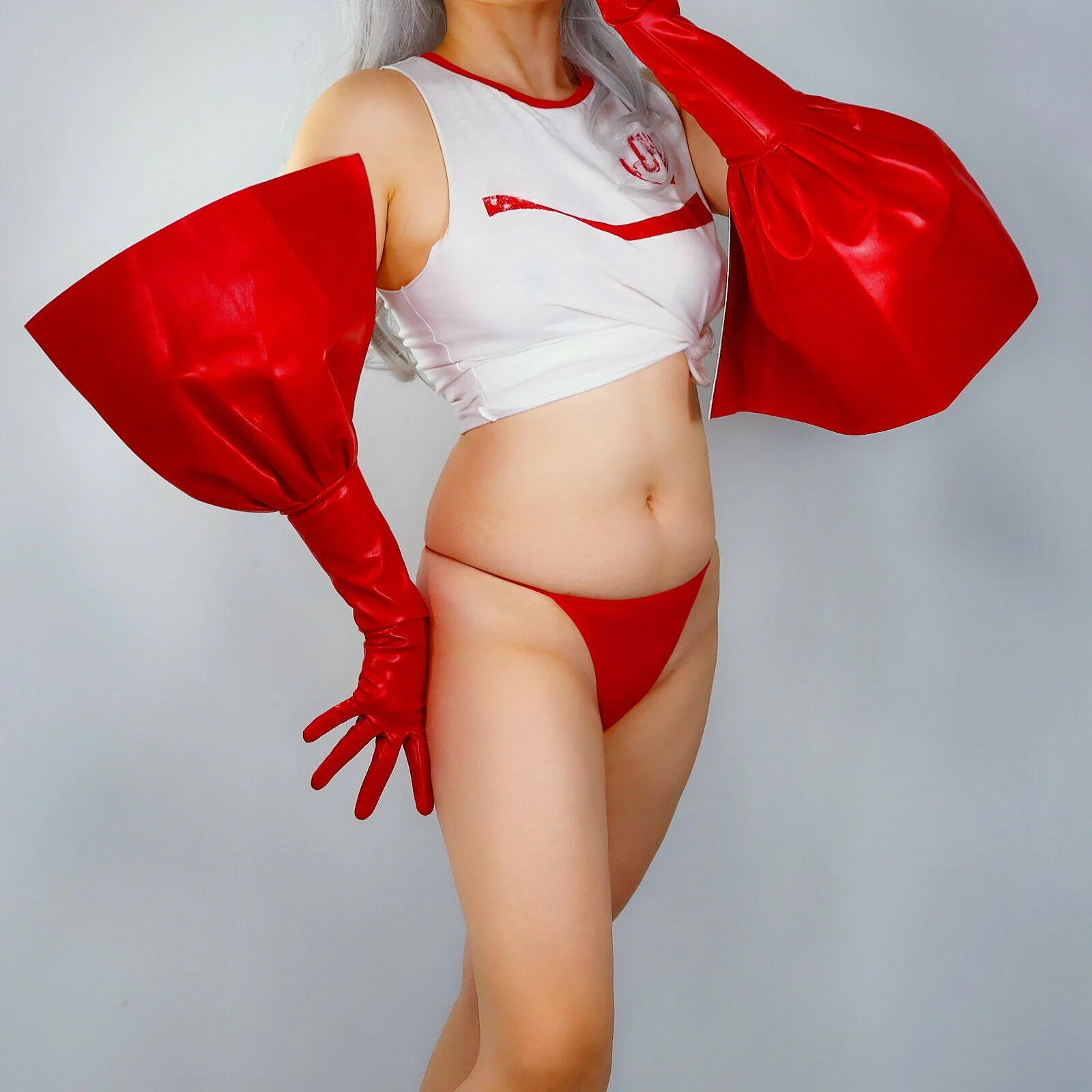 赤い天使の羽-手袋-パフスリーブ-ラッフル-フェイクpuレザー-70cm-エクストラロング-イブニングパーティー-コスプレ-ファッション-ハロウィンコスチューム