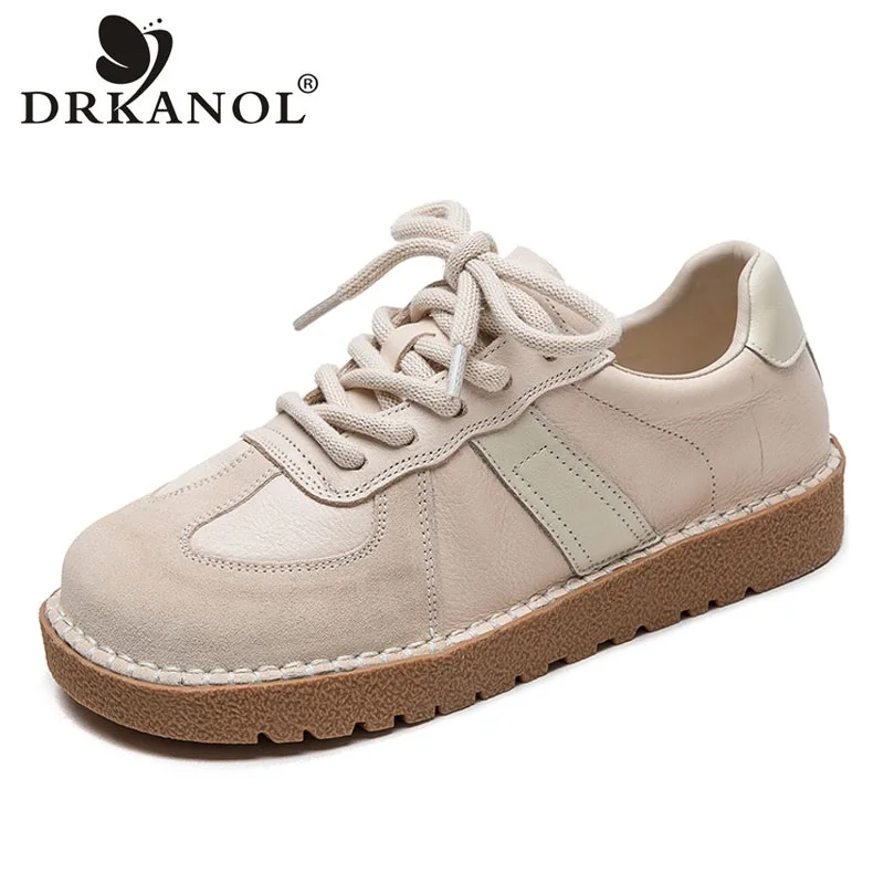 DRKANOL Fashion Mixed Colors Flat Shoes Women 2026 Spring Lace-Up Genuine Leather Cow Suede Retro Low Heel Leisure Board Shoes