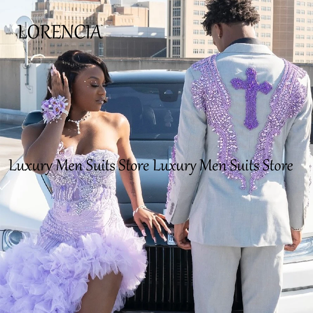 ヴィンテージグリッターアップリケ男性スーツ 2 個シングルブレスト結婚式新郎タキシードカスタマイズされたブレザーパンツローブマリアージュファム
